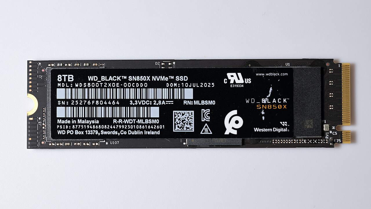 An M.2 2280 NVMe solid state drive lying flat: a long black circuit board with a product label, a half-moon screw cutout on the left end, and a gold edge connector on the right end with a single notch