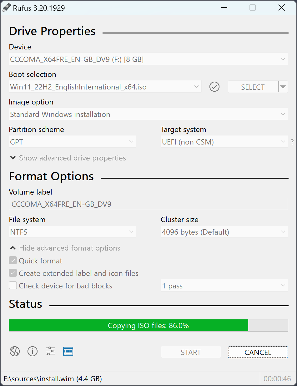 Rufus 3.20 writing a Windows 11 ISO to an 8 GB USB stick, with Image option set to Standard Windows installation, Partition scheme GPT, Target system UEFI (non CSM), and the status bar reading Copying ISO files 86 percent while it copies the 4.4 GB sources\install.wim file