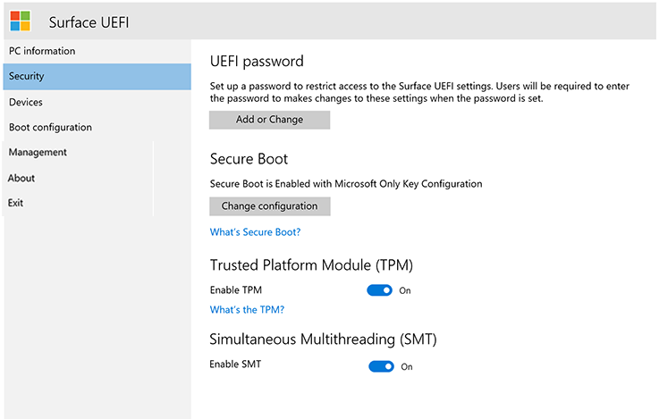The Security page of Surface UEFI: a UEFI password section with an Add or Change button, a Secure Boot section reading Secure Boot is Enabled with Microsoft Only Key Configuration, a Trusted Platform Module section with Enable TPM switched On, and Simultaneous Multithreading switched On