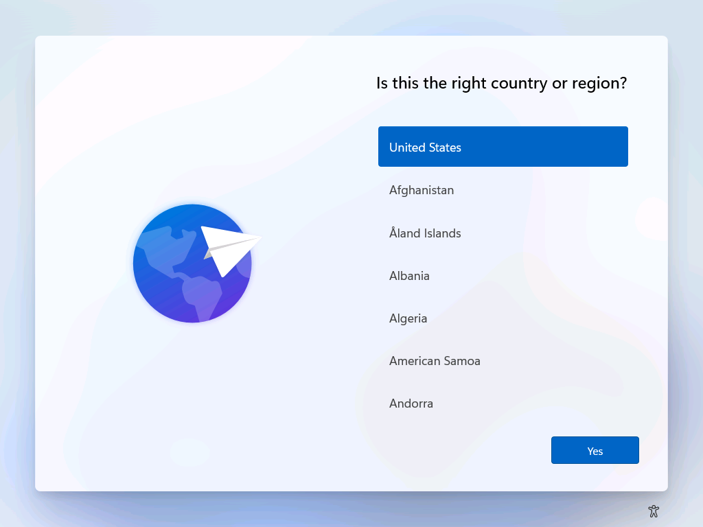 The first out-of-box experience screen asking Is this the right country or region, with a globe illustration on the left, a list of countries with United States highlighted, and a Yes button