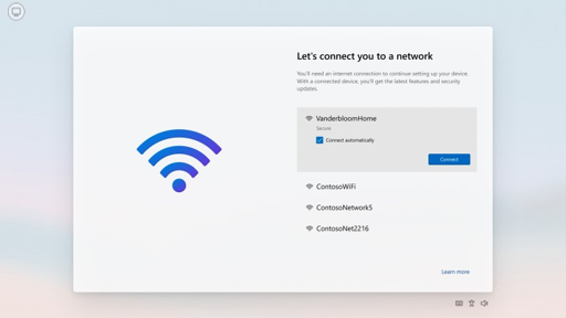 The out-of-box experience screen Let's connect you to a network, explaining that an internet connection is needed to continue, with a list of Wi-Fi networks, the first one expanded to show a Connect automatically checkbox and a Connect button