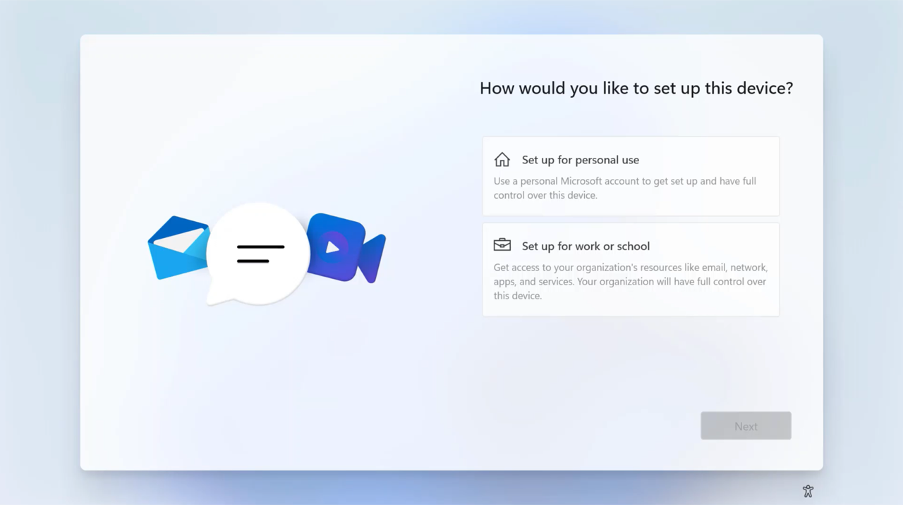The out-of-box experience screen How would you like to set up this device, offering two choices: Set up for personal use, which uses a personal Microsoft account, and Set up for work or school, which gives an organization full control of the device, with a Next button
