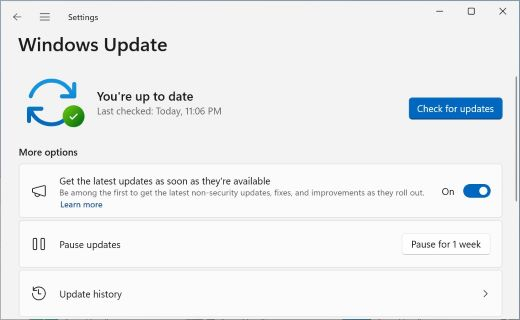 The Windows Update page in Settings showing You're up to date with a Check for updates button, a Get the latest updates as soon as they're available toggle, Pause updates for 1 week, and Update history
