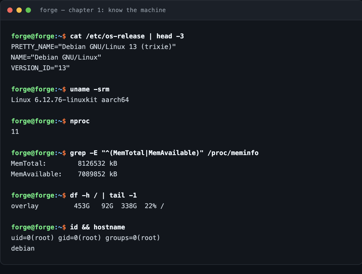 Terminal transcript of chapter 1 reconnaissance: Debian GNU/Linux 13 trixie, kernel 6.12.76 on aarch64, 11 cores, 8126532 kB total memory, and 22 percent of the root filesystem in use