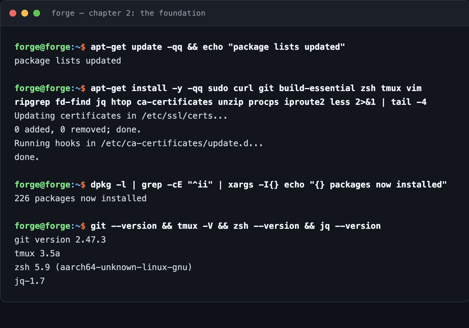 Terminal transcript of chapter 2: apt package lists updated, the toolset installed, 226 packages now present, and version output showing git 2.47.3, tmux 3.5a, zsh 5.9 and jq-1.7