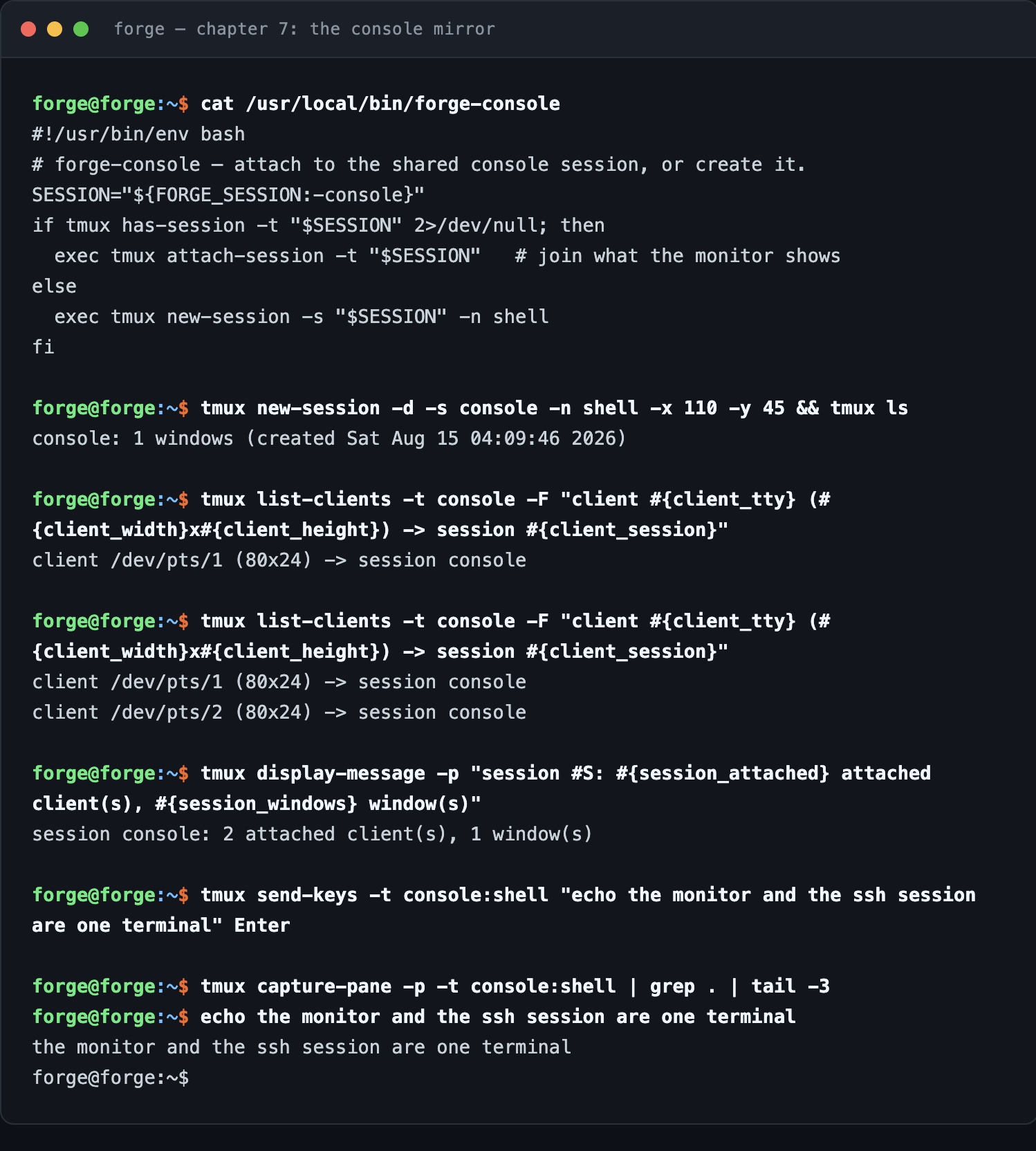 Terminal transcript of chapter 7: a console session created, two tmux clients on separate ptys attached to the same session, the session reporting 2 attached clients, and a message typed into the session visible in the captured pane