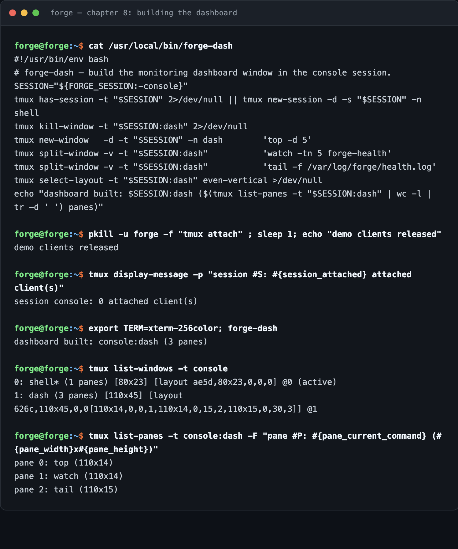 Terminal transcript showing the forge-dash script source, the demo tmux clients released, the dashboard built with three panes, and tmux reporting the dash window at 110x45 with top, watch and tail panes