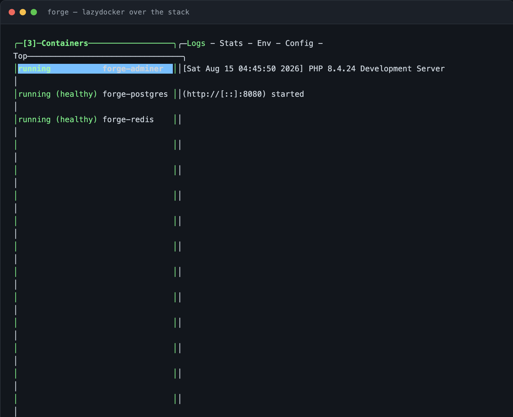 lazydocker showing the three stack containers - forge-adminer running, forge-postgres and forge-redis both running and healthy - with the Adminer container's live log in the right pane