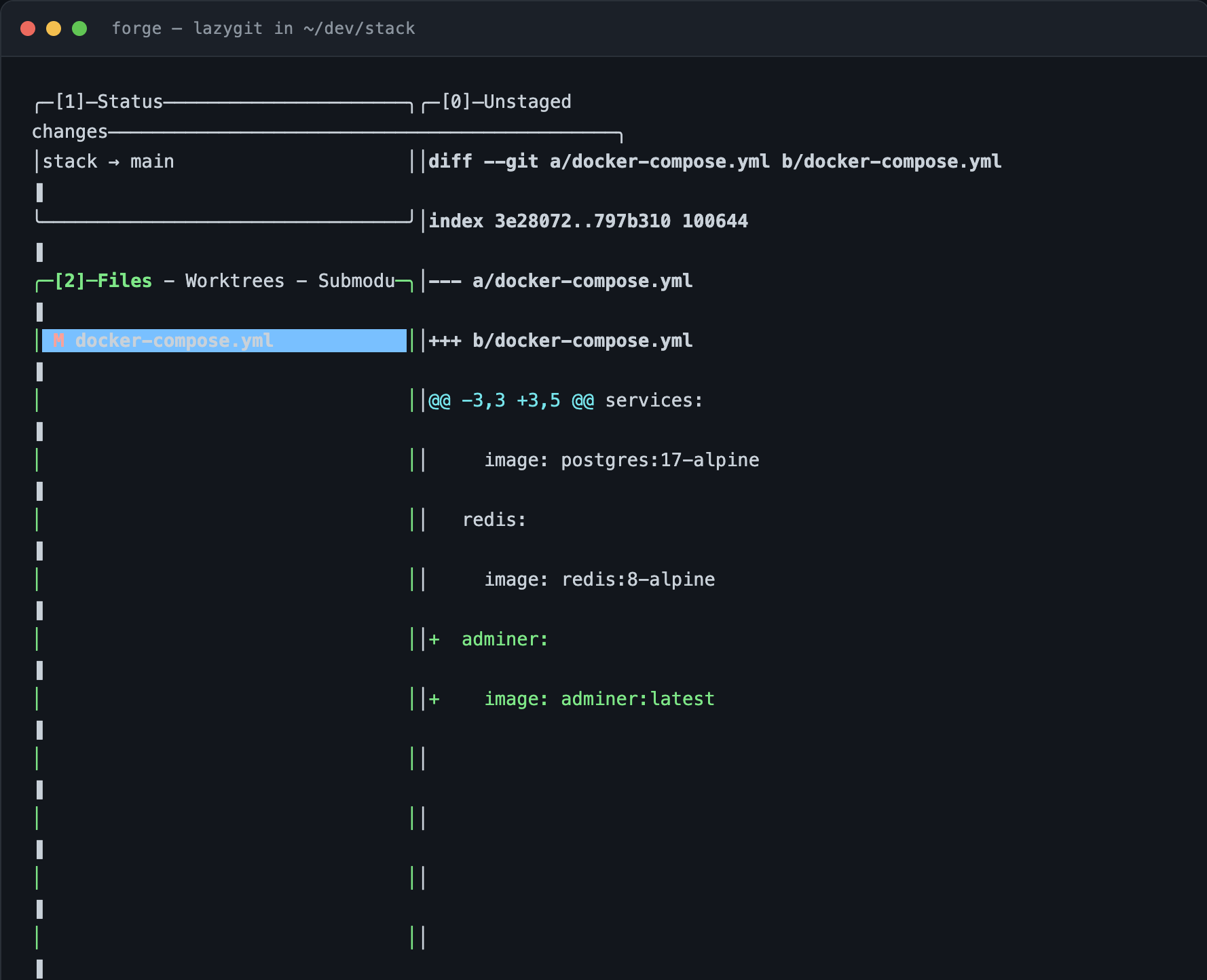 lazygit open in the stack repository showing the status pane on branch main, a modified docker-compose.yml in the files pane, and the unstaged diff adding the redis service in the main pane