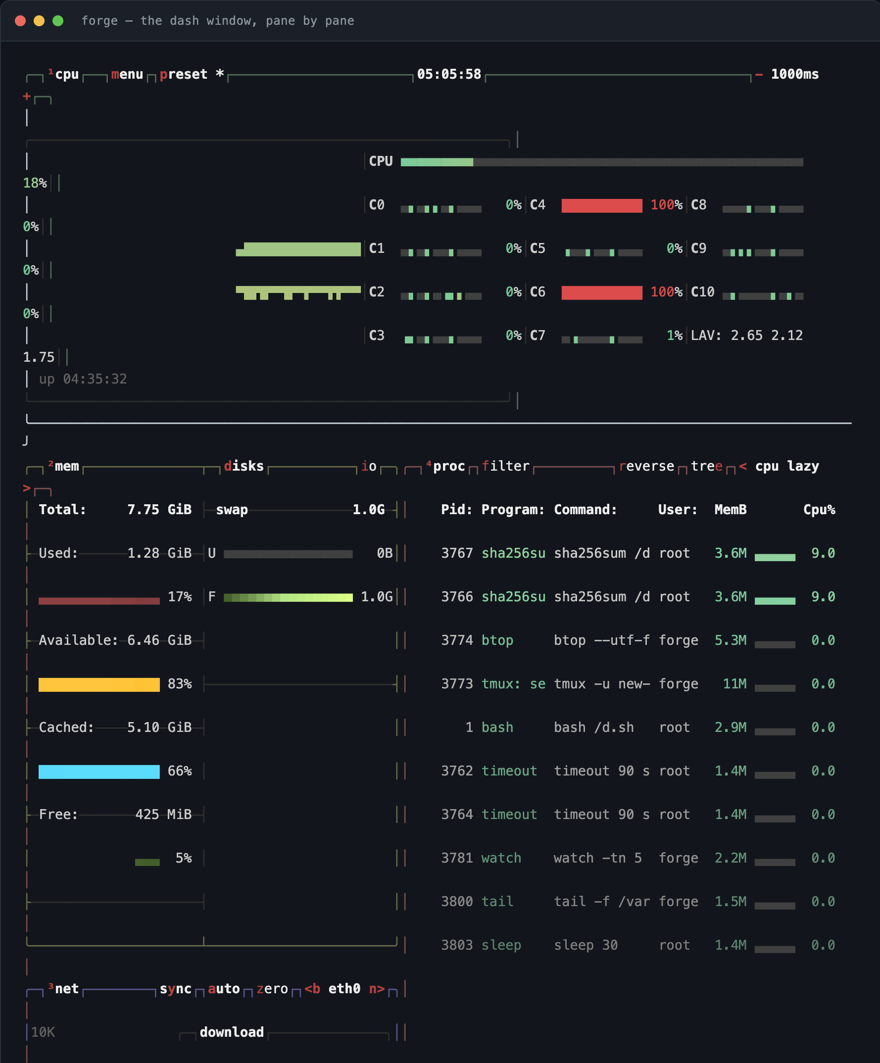 The three panes of the rebuilt dash window captured one after another: btop with 28 rows of graphs and process list, the forge-health pane reporting all OK including ufw active, and the rolling health log