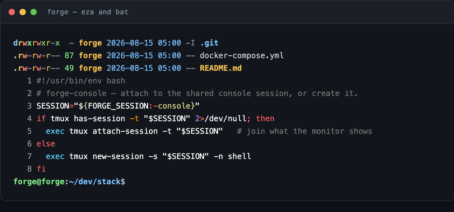 eza listing the stack repository with git status columns showing a modified docker-compose.yml, followed by bat rendering the forge-console script with line numbers and syntax highlighting
